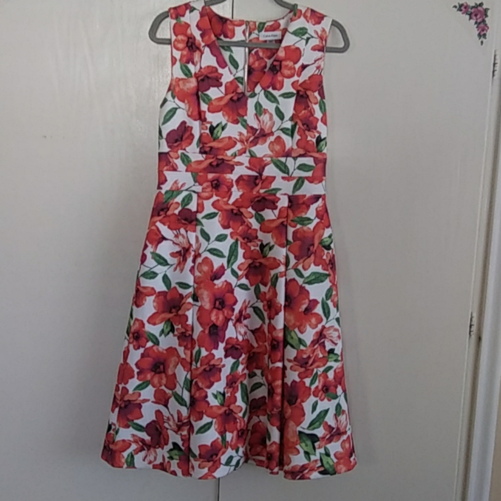 Calvin Klein White Midi Dress with Red Floral Print